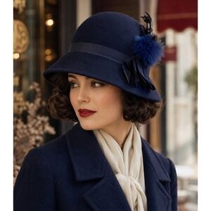 Lancaster Navy Wool Cloche Hat Feather Pom Bow Vintage Style Made USA
